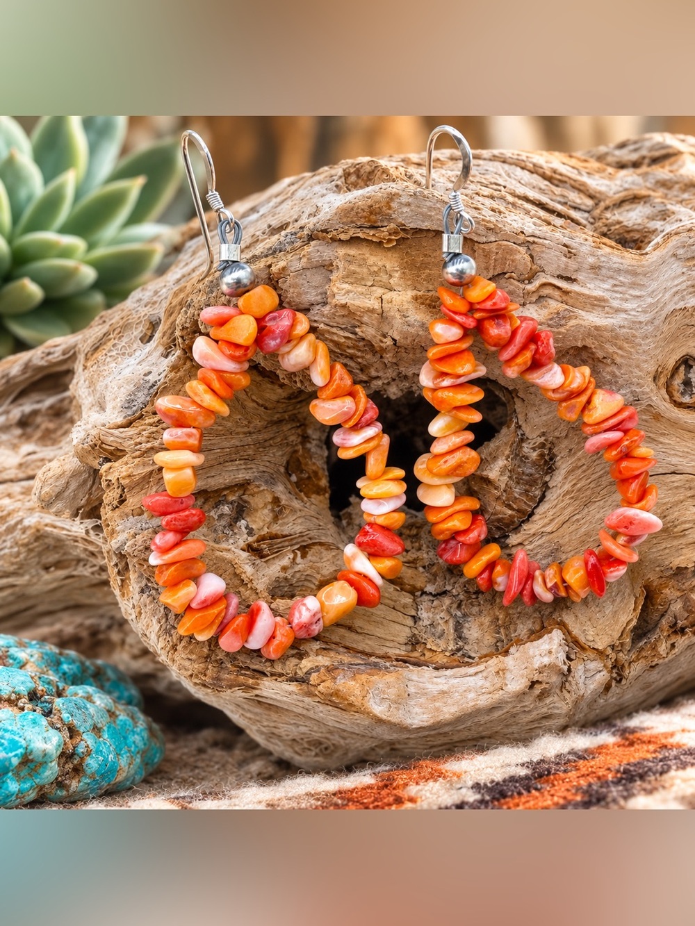 NWT Coral Chip Sterling Silver Southwest Hoop Dangle Earrings 3” Southwest Boho